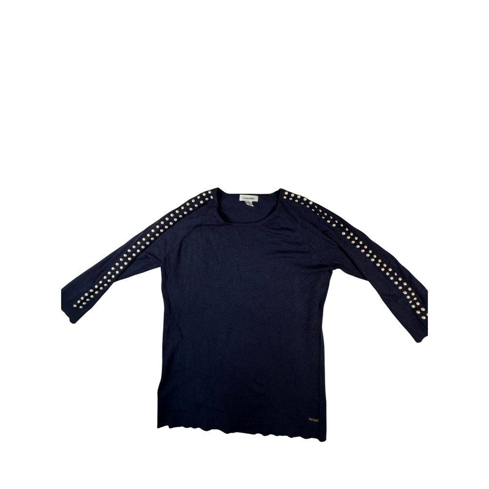 Calvin Klein Sweater Womens Medium Navy Blue Excellent Pearl Stud Raglan Sleeve